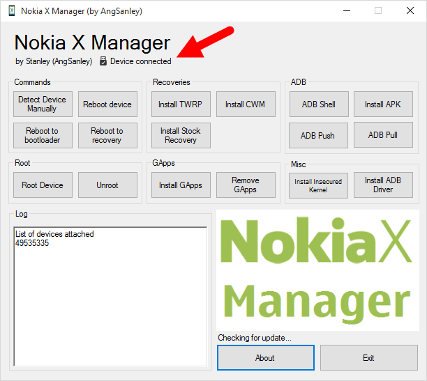 Nokia X Manager Device Connected