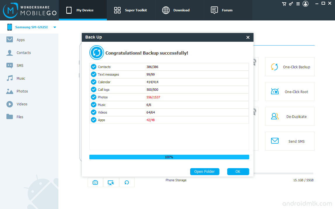 Wondershare MobileGo for Android Backup Completed